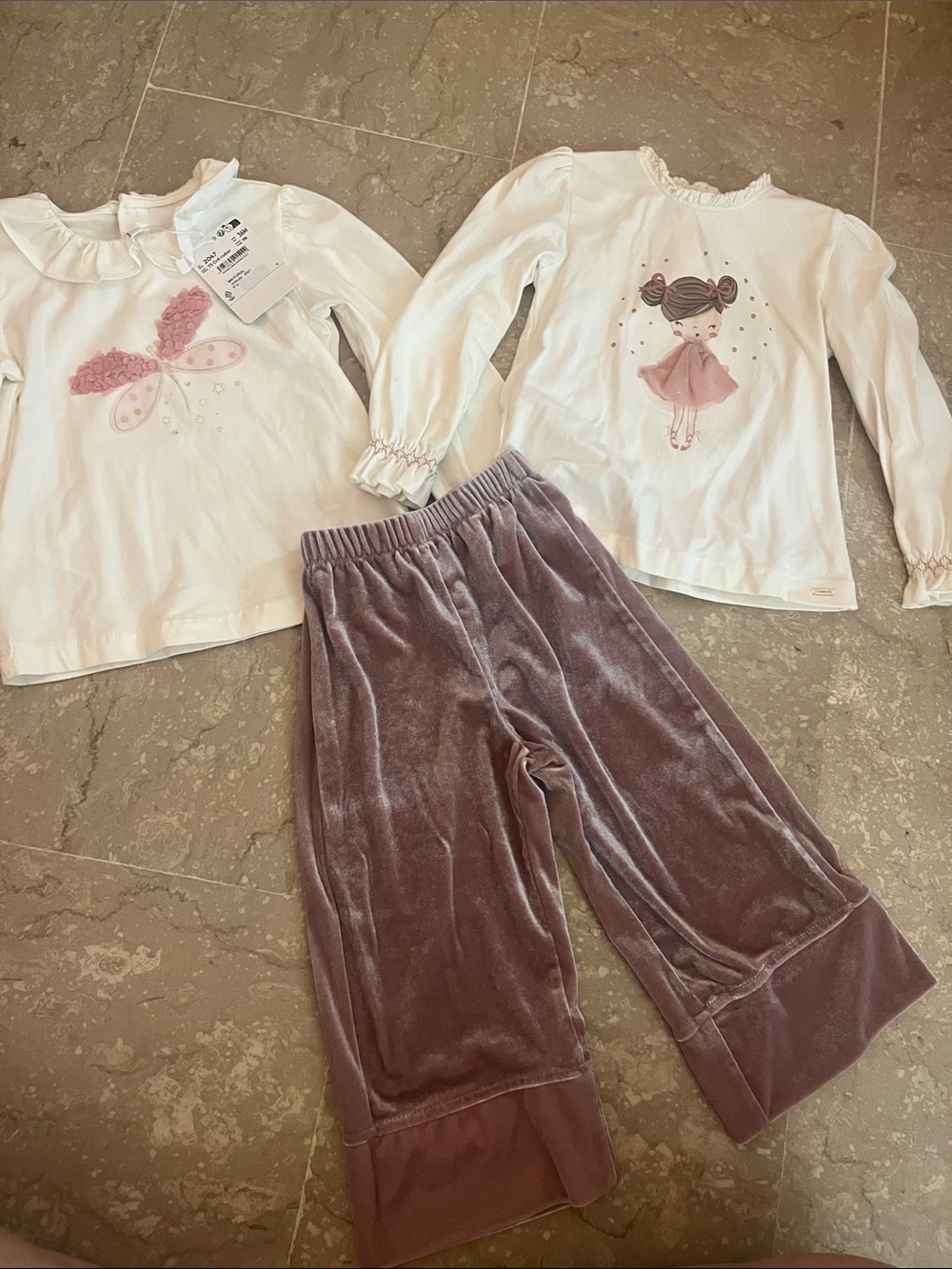 Mayoral and Zara White Long-Sleeve Tops & Mauve Velvet Pants Bundle Set